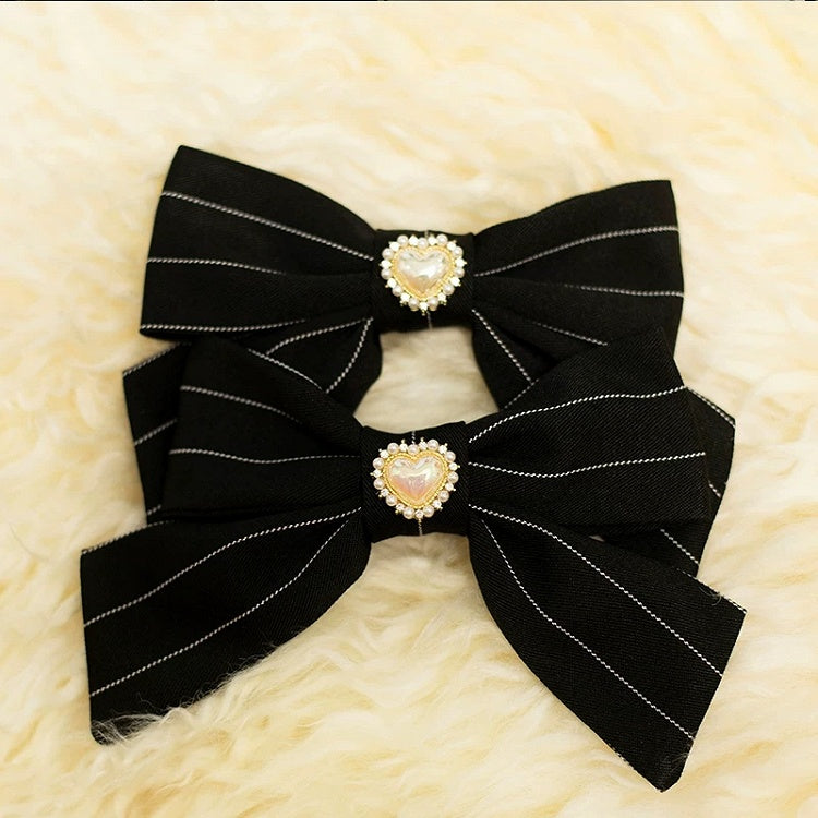 Black Striped Bow Hair Clips - Dream Core Waves