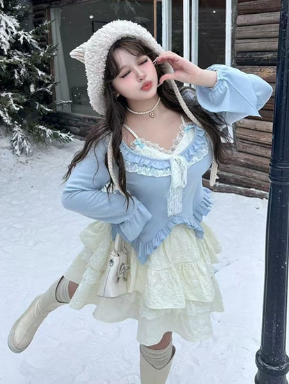 Plus Size Hellblaues zweiteiliges Top mit Rüschenbesatz und V-Ausschnitt und langen Ärmeln