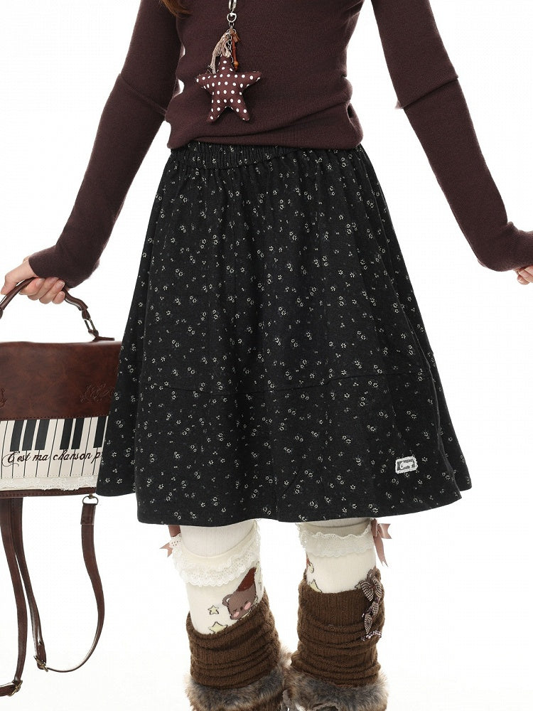 Vintage Autumn Kawaii Dark Gray Floral Pattern A-Line Skirt - Languid Park