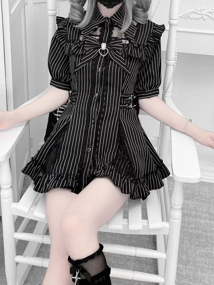 Black Shorts Plaid/Striped Kei Buckles Set: Jirai Neckline Illusion with Matching Waist-Defining Dress