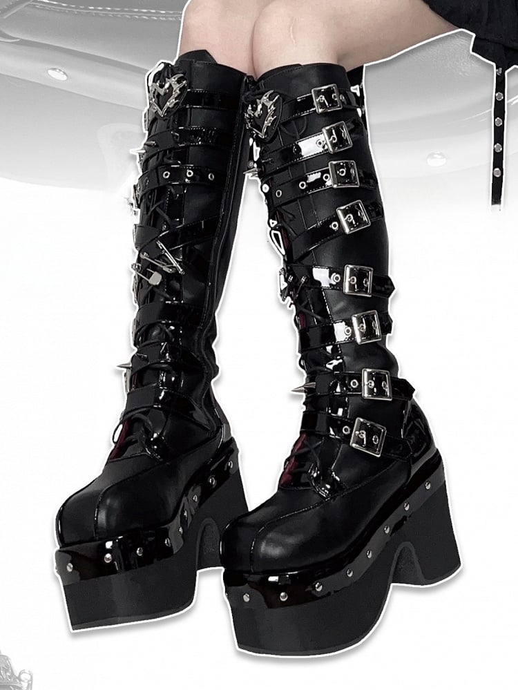 Buckle Platform Boots - Knee-High Punk High-heel PU