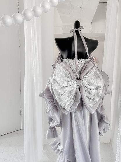 + Schnür-Ballettoberteil, komplettes Set, große Ärmel, Rock, Schleppe, Schleife, Korsett, silberfarben