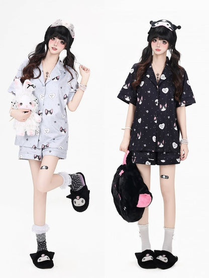 Black Cute Otaku Kitten Print Short Lounge Wear Two-Piece Set - Short-Sleeve Top + Shorts - CRAZY GIRL