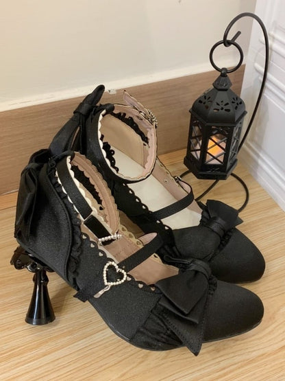 Heel Sculpted Mary Heart with Ruffle Trim Satin Lolita - Black Janes Crystal Elegant Closure