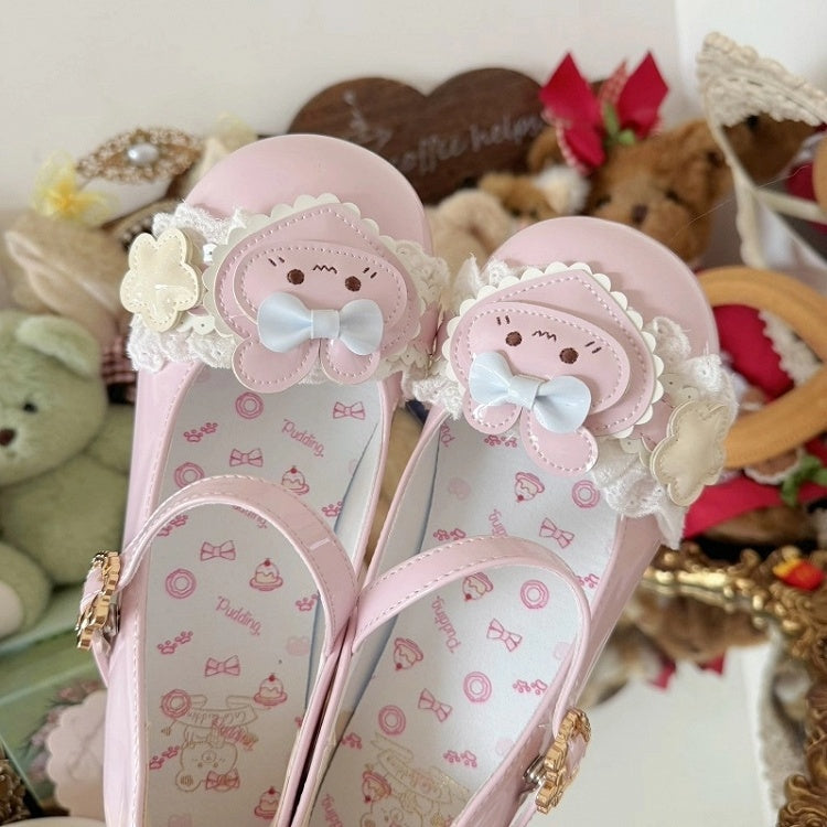 Ear Mary Lolita PU Light Sweet Janes with Heart Rabbit Pink Accents Bunny Floral Theme Top - at