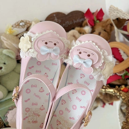 Ear Mary Lolita PU Light Sweet Janes with Heart Rabbit Pink Accents Bunny Floral Theme Top - at
