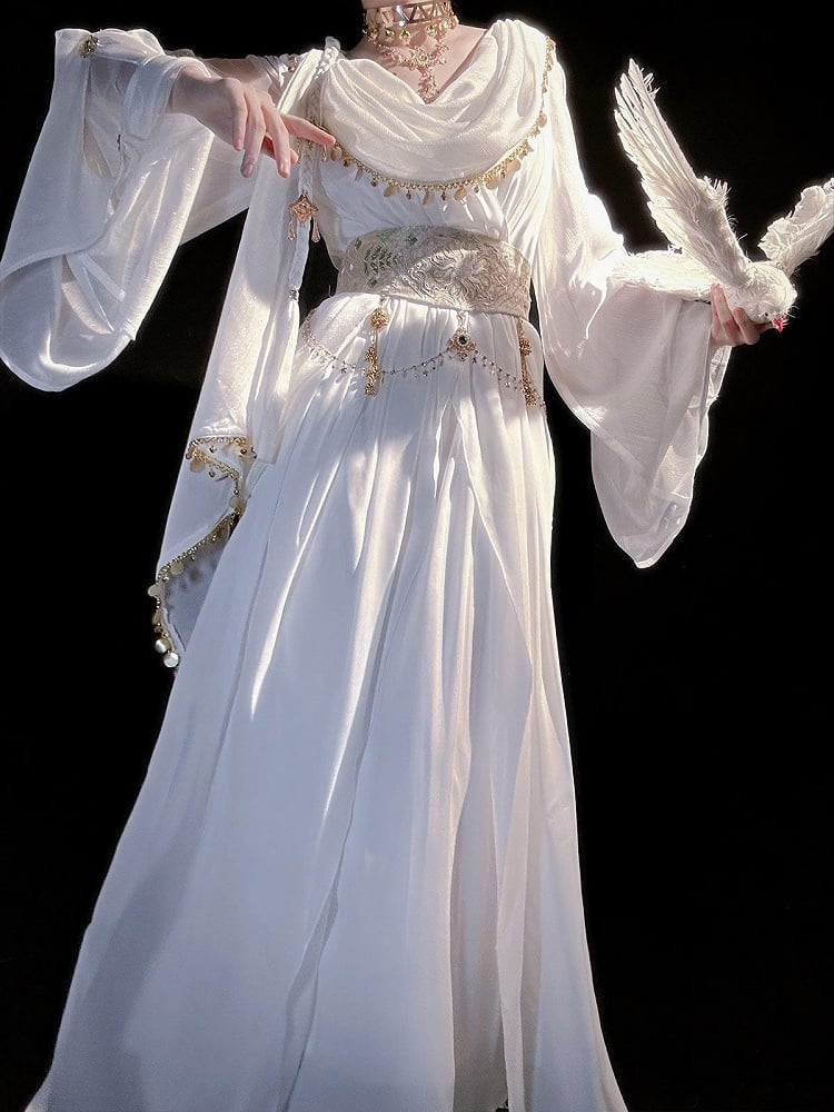 Greek-inspired White Lolita Gold Chiffon Corset Dress + Belt with Accents Embroidered