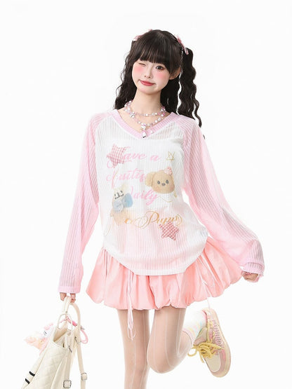 Apricot/Pink/Green Kawaii V-Neck Knit Top with Puppy Print - Long Sleeve Pullover