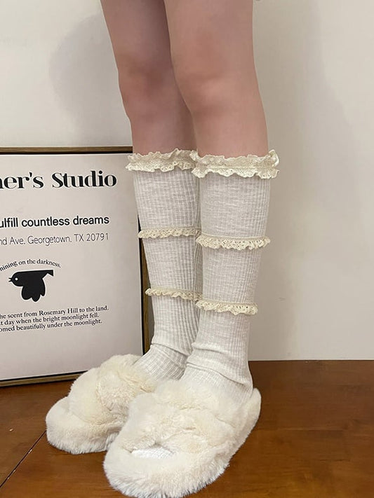 Dark Grey Sweet Ruffled Cuff Calf Socks
