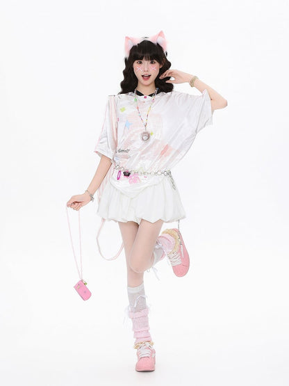 Blue/Pink Oversized Satin Short Sleeve T-Shirt with Clover