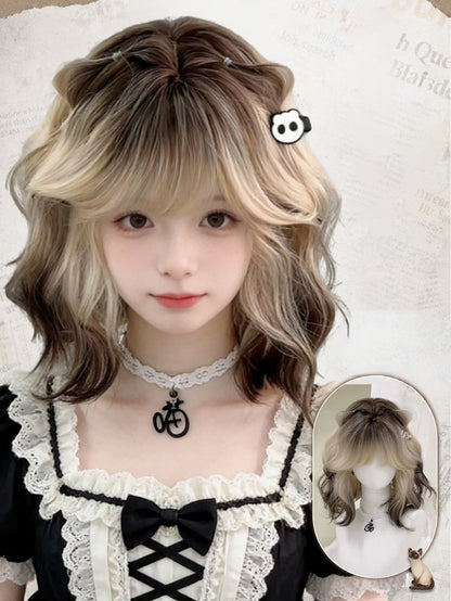 Black & Gold Ombre 30cm Wavy Curly Air Bangs Wig - Meow Island Wig