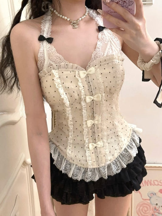 With White Chiffon Creamy Black Polka-dot Pattern Bustier