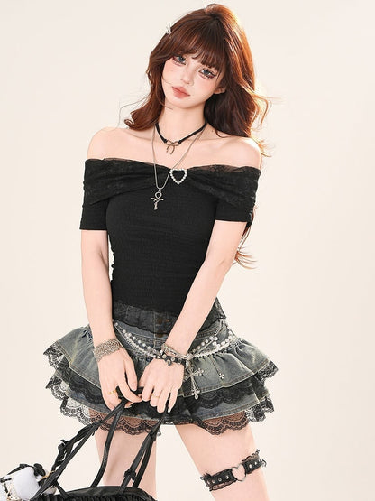 T-shirt Beaded White/Black Contrast Heart Glamorous Patches Lace Off-the-shoulder Neckline
