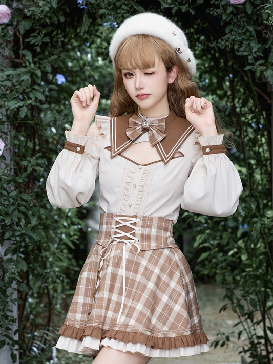 Coffee Long-Sleeve Blouse with Detachable Collar and Bowtie - DevilInspired Exclusive Collection