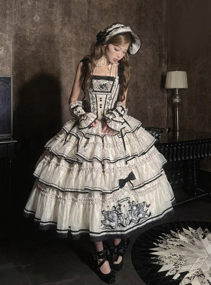 Swan-Embroidered Ruffled JSK Dress in Beige & Black - U.Rtto
