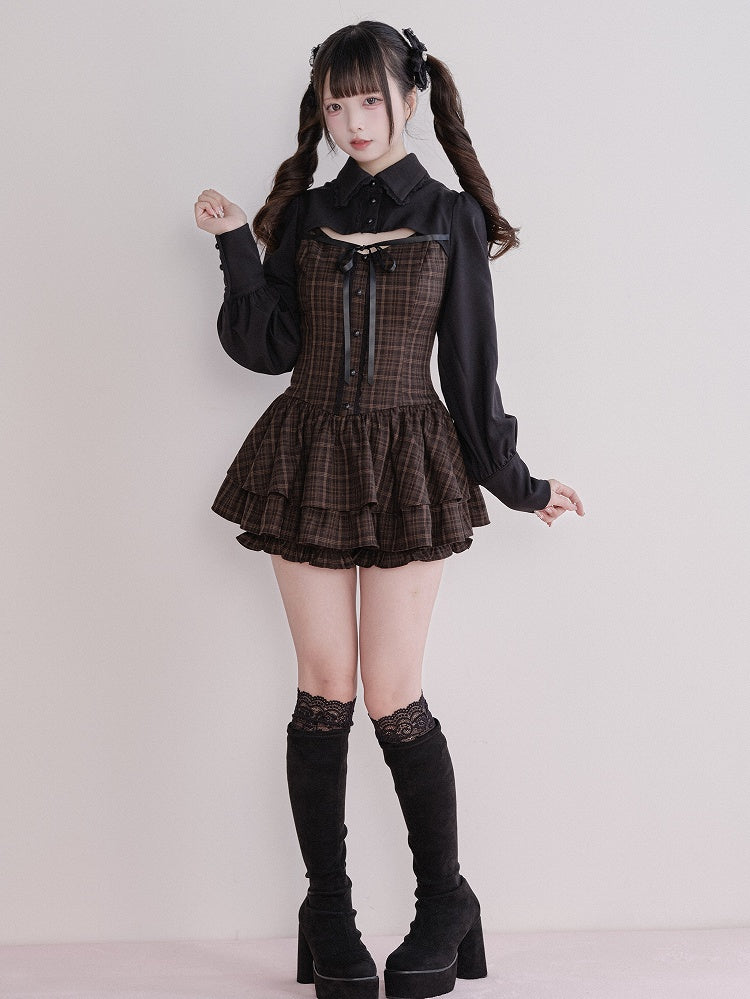 Jirai Fake Brown Set Plaid Matching Dress Two-Piece Kei Long-Sleeve + Shorts