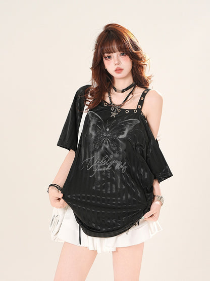 ストライプTシャツ アシンメトリーネックライン バタフライプリント ブラック/ホワイト