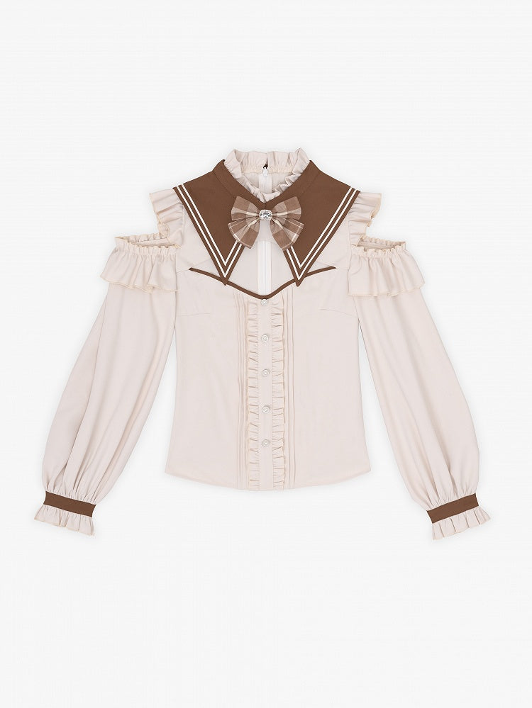 Coffee Long-Sleeve Blouse with Detachable Collar and Bowtie - DevilInspired Exclusive Collection