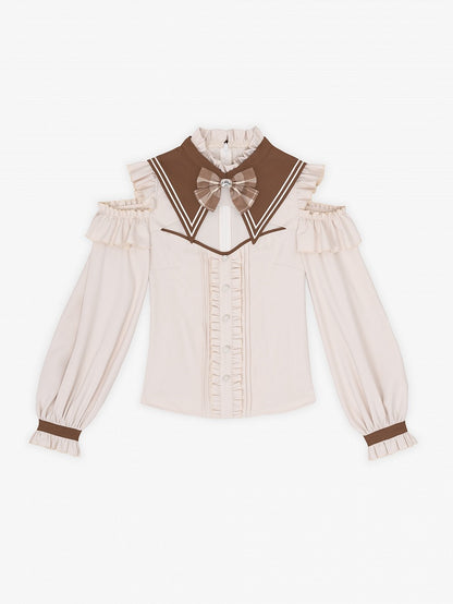 Coffee Long-Sleeve Blouse with Detachable Collar and Bowtie - DevilInspired Exclusive Collection