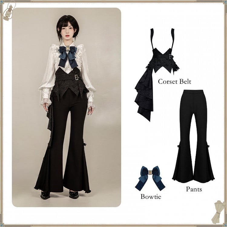 Gothic - Hosengürtel mit Riemen-Set + blaues ausgestelltes Lolita Ouji-Korsett mit schwarzer Fliege und Stäbchen