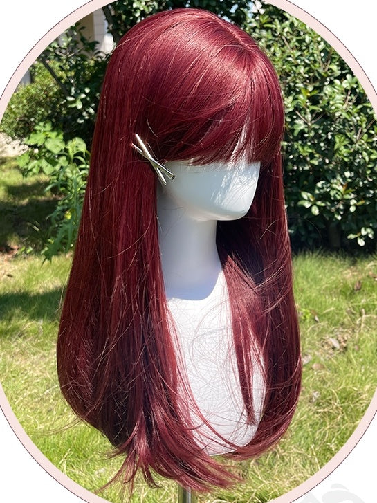 Himbeerrote lange glatte Kunsthaarperücke mit Pony