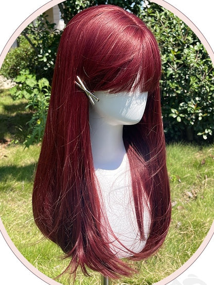 Himbeerrote lange glatte Kunsthaarperücke mit Pony