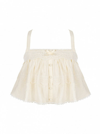 Beige Adjustable Strap Sleeveless Lace Top - With PUJI