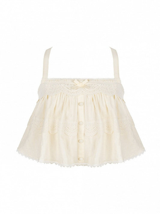 Beige Adjustable Strap Sleeveless Lace Top - With PUJI