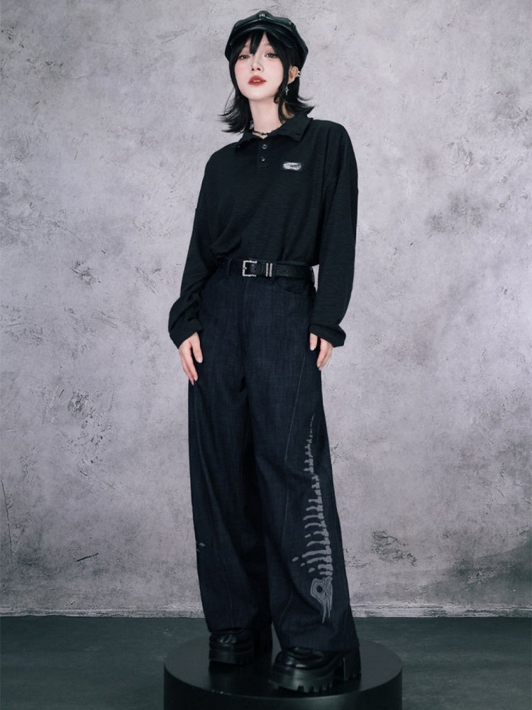 Black Straight-Leg Denim with Embossed Skeleton Whale Graphic - Quirky Hut