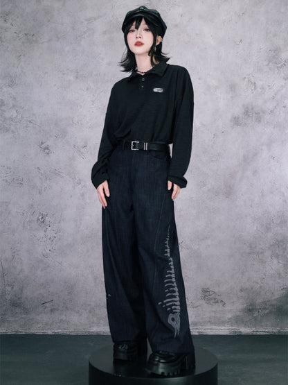 Black Straight-Leg Denim with Embossed Skeleton Whale Graphic - Quirky Hut