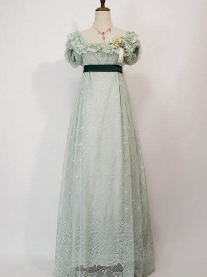 Elegant Empire Waist Dress with Puff Sleeves in Soft Green - Eden Planet