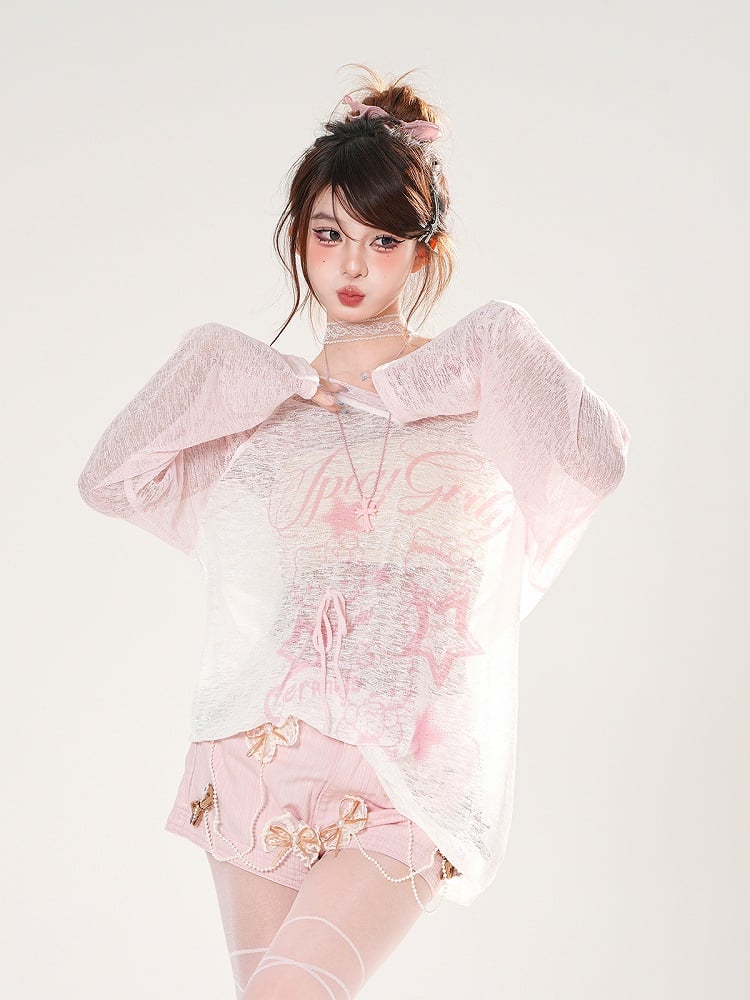 ブルー/ピンクプリントのセミシースルーカバーアップVネックスター