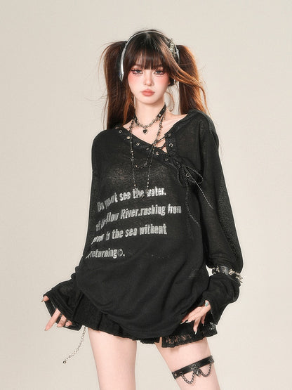 Schwarz/weißes, halbtransparentes Sonnenschutz-Top mit asymmetrischem Ausschnitt und Schnürdetail