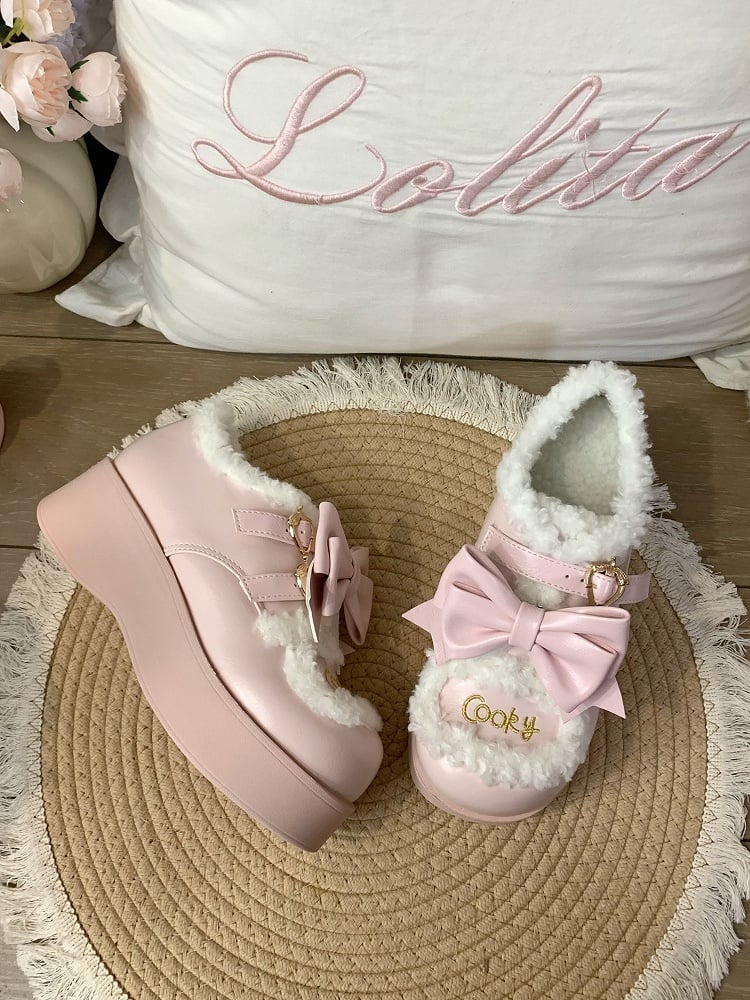 Pink Sweet Lolita Platforms with Strawberry Snap & Detachable Bow Accents