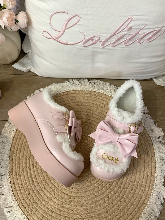 Pink Sweet Lolita Platforms with Strawberry Snap & Detachable Bow Accents