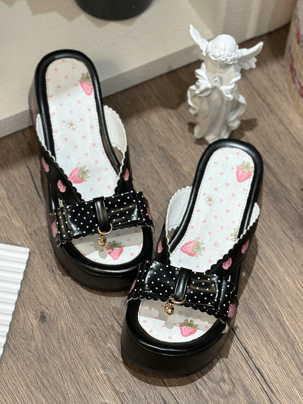 Plattform Erdbeere Top Schwarz Print Hausschuhe Schleife Lolita Wa bei