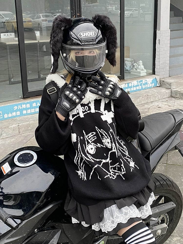 and Cartoon Detachable Black Jira Girl Design with Sailor Kei Sweater Collar