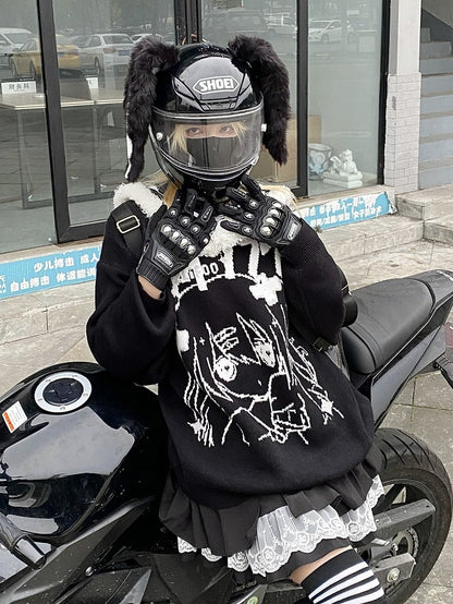 and Cartoon Detachable Black Jira Girl Design with Sailor Kei Sweater Collar