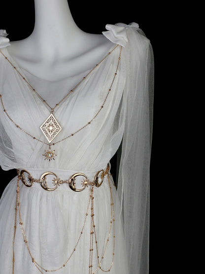 White Greek-inspired Lolita Flowing Bow Shoulders Maxi Dress with Gold Chains - Xiong Dou Jiang