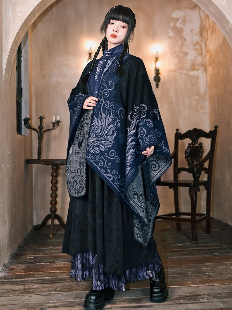 Navy Blue Koi Fish Print Gothic Shawl - Japanese Style Wrap | LilyVow