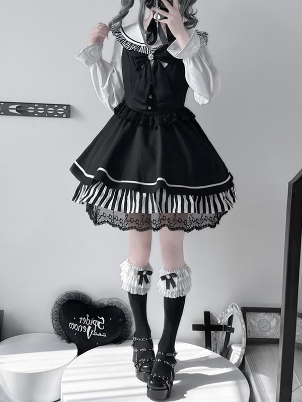 Schwarze Jirai Kei Sailor Collor Bluse mit hoher Taille und Spitzenbesatz, Overall-Kleid-Set