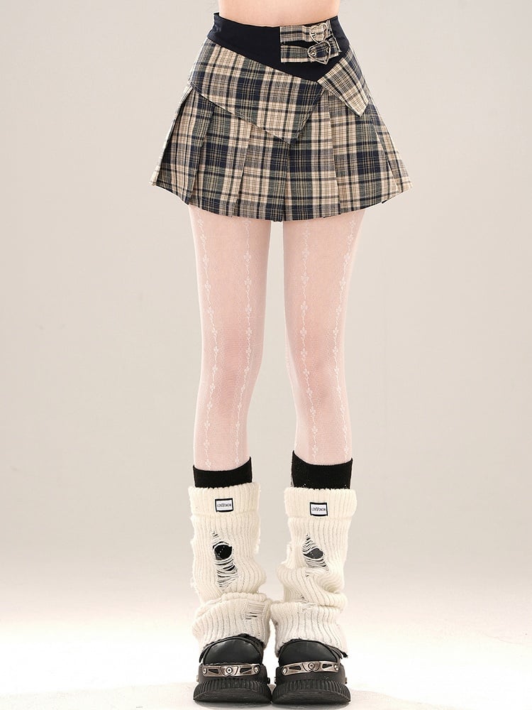 レッド/ブルーバックルストラップハイウエストチェック柄プリーツミニスカート