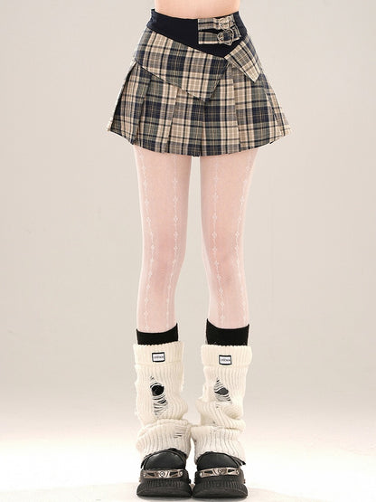 Red/Blue Buckle Pleated Plaid Skirt Mini Waist High Straps