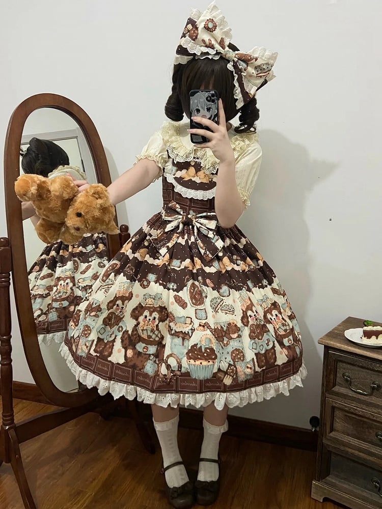 Cookies Lolita Waist Sweet Cute JSK Brown High and Fluffy Set Puppy Full Print