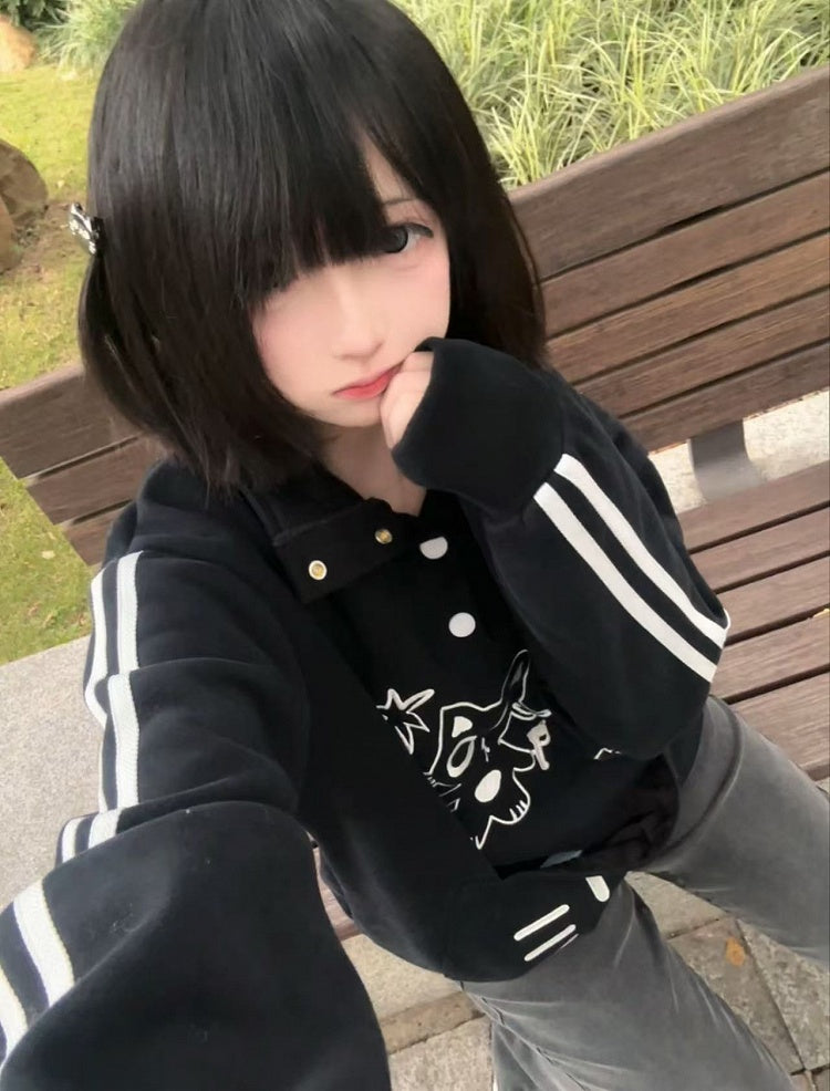 Cat Embroidery Fleece-Lined Sweatshirt with Snap Front