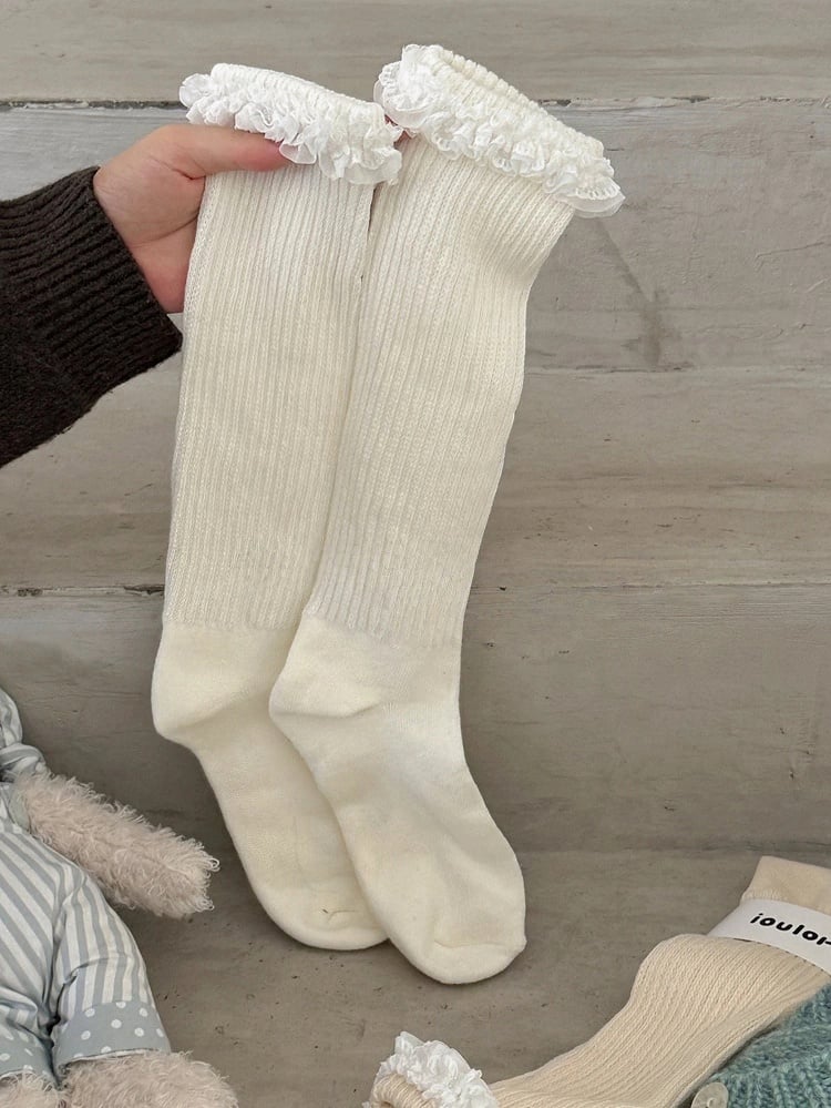 with Cuffs Socks Calf Ribbed Ruffled Lace