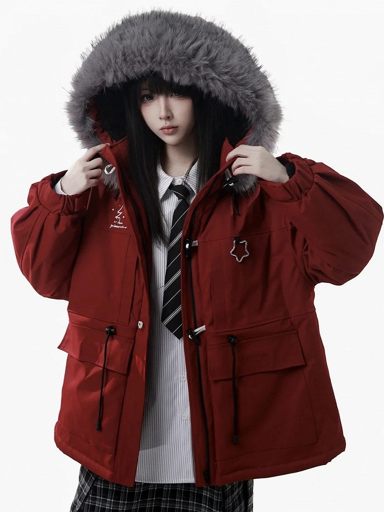 Parka unisexe d'hiver rouge à capuche et fourrure en peluche