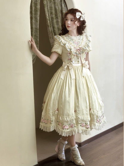 Yellow Embroidered Classic Lolita OP Dress with Scalloped Lace Hem