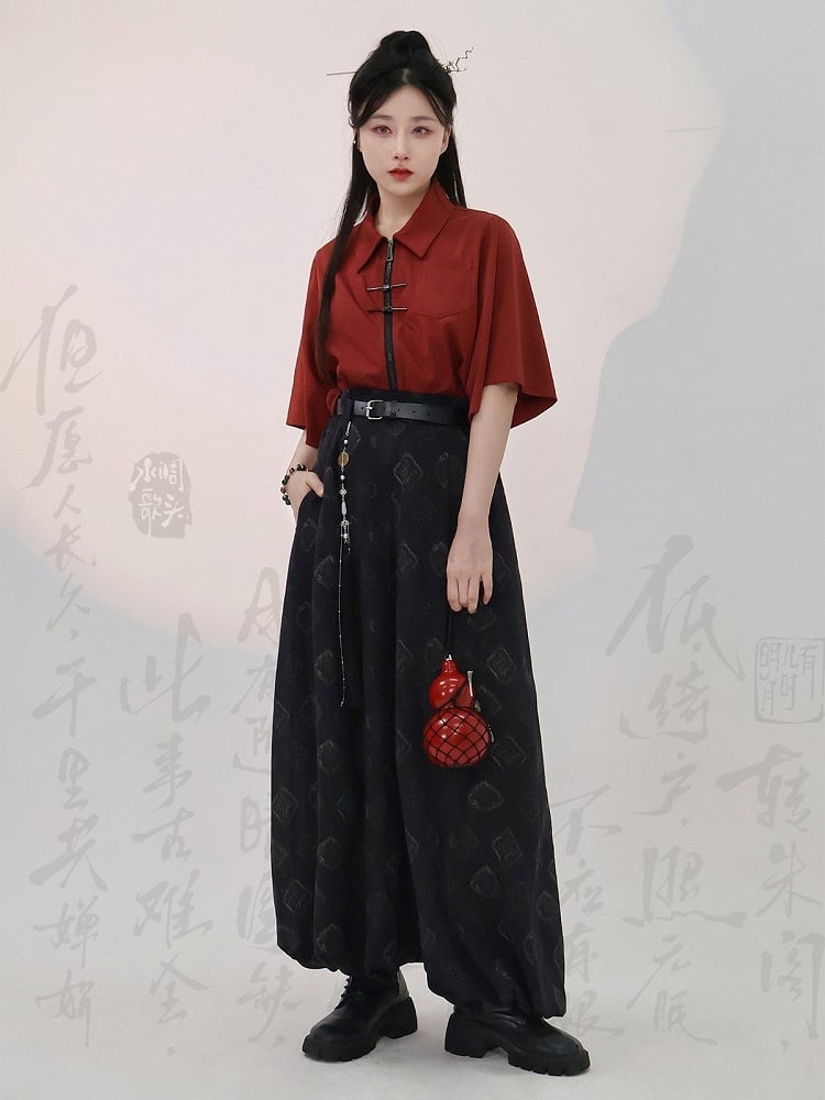 Chinese Red Short Sleeve Cotton Top Metal Frog Fastener