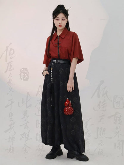 Chinese Red Short Sleeve Cotton Top Metal Frog Fastener
